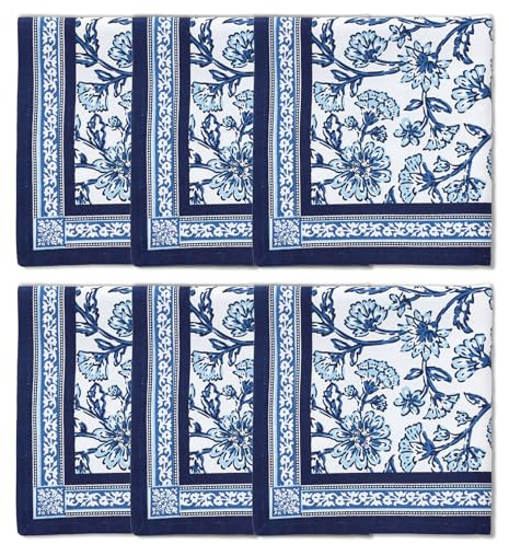 Encasa XO Servilletas de Mesa Juego de 6 | Servilletas de Tela de Algodón con Estampado en Bloque Índigo-02, 45x45 cm | Impresión a Mano Jaipur Sanganeri
