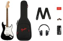 Squier by Fender Affinity Series™ Stratocaster® E-Gitarre & Mustang™ Micro Pack in Schwarz. Inklusive Gigbag, Gurt, Kopfhörer, Plektren und einem kostenlosen 3-Monats-Abonnement für Fender Play