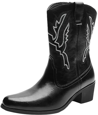 ANUFER Hombre Bordado Puntera Puntiaguda Botas Vaqueras Occidental Tacón Grueso Botas de Media Caña Negro SN0706221 EU41