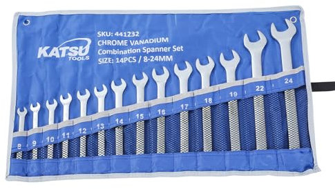 KATSU Tools - Juego de 14 llaves combinadas de tamaño métrico de 8 a 24 mm para taller de garaje, mecánico, kit de herramientas de reparación de automóviles con bolsa de almacenamiento