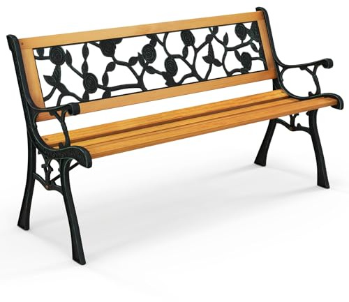 COSTWAY Banco Jardin Exterior de 3 Plazas, Bancos para Exterior con Estructura de Metal Fundido, Asiento de Madera, Reposabrazos Curvos, Banco Madera, 127,5 x 52,5 x 73,5 cm
