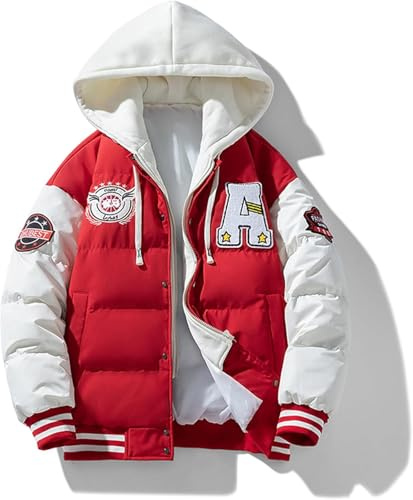 Veste d'hiver pour Hommes Hip Hop Fashion Varsity à Capuche en Patchwork Fausse Veste de Baseball Lettre brodée Veste de Baseball Fausse Veste à Capuche en Deux pièces