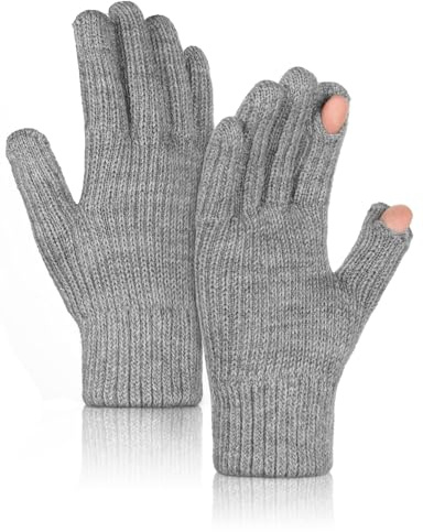Kiiwah Fingerlösa handskar vinter herr dam, termisk pekskärm stickade handskar, elastiska handskar med vindtäta varma foder för ridsport, Grå, Taglia unica