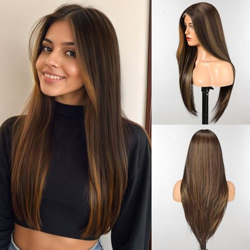 WOKESTAR Lange Perücken für Frauen Synthetisches hitzebeständiges Haar mit Fransen Natürliche Perücken für den täglichen Gebrauch Gemischte Farbe Braun