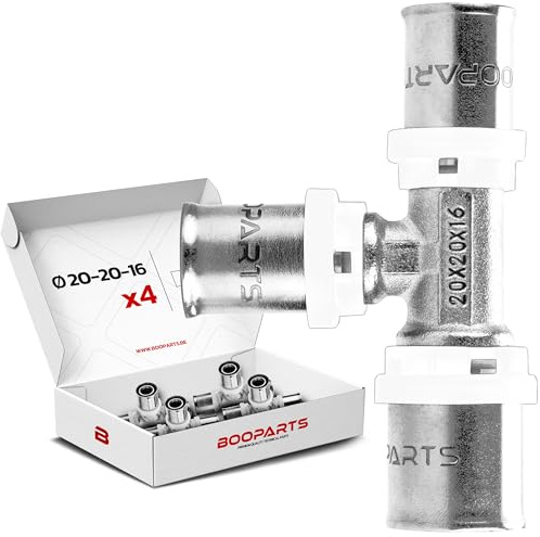 BOOPARTS – 4 st – Presst-T-koppling reducerad Ø20–20–16 mm | Multilager reducerad T-koppling TH-profil | Robust mässing för PEX, PER och kompositrör