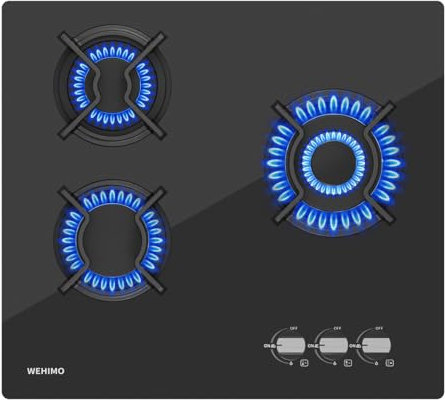 Gaskochfeld 3 Flammig, WEHIMO Glas Einbau-Gaskochfeld, 59cm, 7750W, 3 Kochzonen (3300W+2700W+1750W), 3 Zonen Gaskochfeld für Propangas und Erdgas, Schwarzes Glas, Geeignet für Alle Töpfe