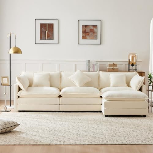 Sofa Chaise Longue, Sofá Cama 3 Plazas Oferta con Reposapiés y 4 Cojines, Sofa Esquina de Salon en Forma de L, Sofá Tapizado Cojín de Asiento de Doble Capa, Tela de Chenilla, 283 x 147 x 84 cm, Beige