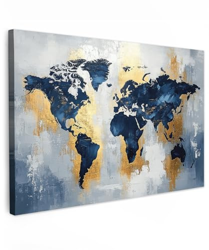 MuchoWow© Leinwand Groß 120x80 cm XXL Deko Schlafzimmer Aesthetic Leinwandbilder Wohnzimmer Gemälde Foto Geschenk Living Room Decoration Weltkarte - Blau - Abstrakt