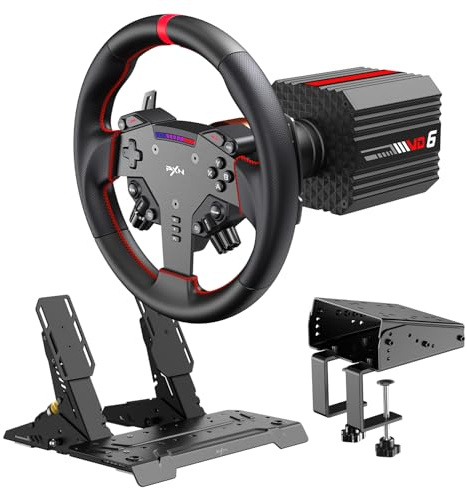 PXN VD6 Kit Volante per Sim Racing 6Nm – Base Servo a Bassa Inerzia, Volante da Corsa W AS, Pedaliera PD HM con Sensore Hall e Morsetto da Tavolo Z9 – Compatibile solo con PC Windows 7–11