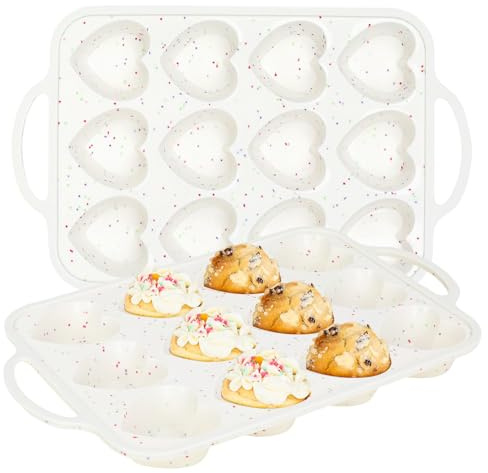 BestYiJo 2 Moldes de Silicona para Hornear, Molde con 12 Cavidades en Forma de Corazón para Magdalenas, Cupcakes, Bocaditos de Huevo, Petit, Moldes Antiadherentes.