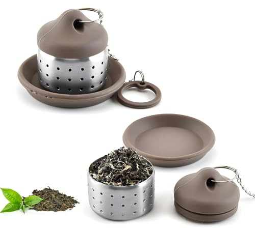 Teesieb Für Losen Tee,Counius 2 Pcs Teefilter Und Tropfschale,Edelstahl Tee Sieb,Tee Ei Silikonmütze,Teaballs Mit Kette,Wiederverwendbare Tee Sieb,Fine Mesh Teeei Für Losen Tee Kräuter Gewürze