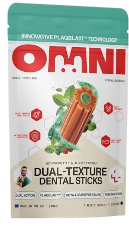 Omni Dental Sticks for Dogs - Dual Texture with PlaqBlast™ Technology, Natural Plaque Remover with Toothpaste-like Anti-Plaque Core, Vet Formulated Hypoallergenic, Soya & Grain Free, 7 Sticks
