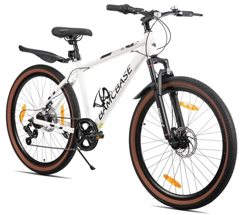HILAND Bloomer mountainbike 26 tum MTB män & kvinnor, 7-växlad cykel med mekanisk skivbroms, aluminiumram hardtail, unisex vuxen mountainbike, vit