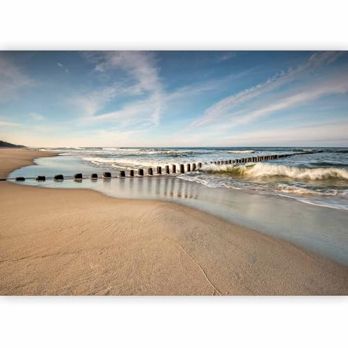 murando Photo Wallpaper Sea Beach 400x280 cm / 157.5 x 110.2 | Non-woven Premium Art Print Fleece Wall Mural Decoration Poster Picture Design Modern Sand Sky blue beige wood clouds