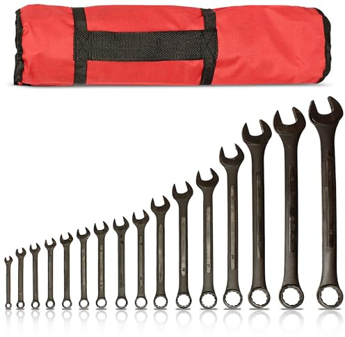 ABN Combination Wrench Set – 16 Pc Raised Panel Metric Wrench Set with Wrench Roll Up Pouch, Black Spanner Wrench Set