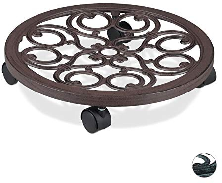 Relaxdays Support roulant plantes rond, en métal, plateau roulant pots à fleurs, aspect antique, brun