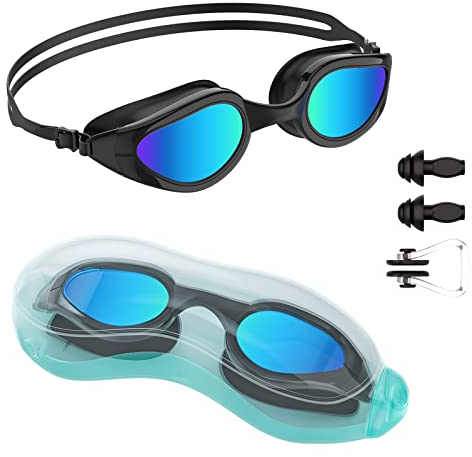 Tuocal Schwimmbrille, Anti Beschlag Kein Auslaufen UV Schutz Wasserdicht Schwimmbrille mit weichem Silikon Nasensteg für Erwachsene Damen Herren Frauen Männer Jugendliche Kinder,Schwarz & Blau