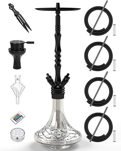 NOBLE HOOKAH 95 cm Shisha-set, 4 anslutningar med LED-ljus Shisha huvud, XXL, Shisha, 4-slang av aluminiumrör med molassfångare, utrustad med 4 silikonslangar och handtag