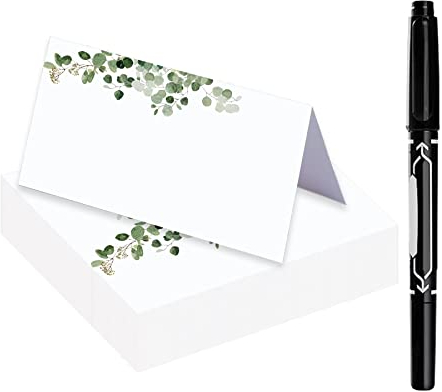 JINMURY Eucalyptus Place Cards with Pen, 50 Pack, Green, 3.5 x 2 Inches, Wedding or Dinner Party Place Cards