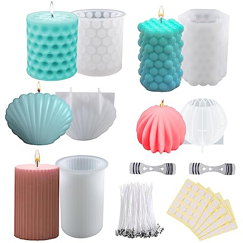 Pomeloone 5 Stück Kerzenform Silikon, DIY Silikonform Kerzen-Gießen Formen und Kerzendocht Set, Kerzenformen zum Gießen als Bastel Ornamente, Partybeleuchtung und Heimdekorationen