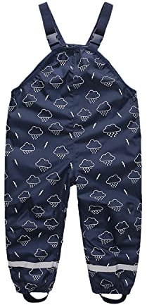 DAWILS Kids Rain Trousers Boys Waterproof Over Trousers Girls Waterproof Dungarees Childrens Cloud Lightning Rain Pants Toddler Puddle Suit for Outdoor Play 2-3 Years Navy Blue