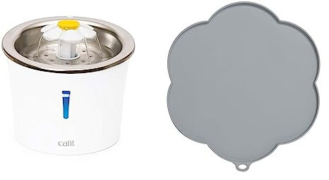 Catit Catit Bebedero Fuente Flor Acero INOX 3L Leds 760 g, Blanco & Alfombra de Silicón para Bebedero Fuentes, Gris