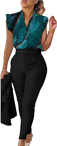 Conjunto de Pantalones de Traje de Negocios de Las Mujeres Versión Delgada del Elegante Traje de Tres Piezas de Verano Impreso Volante Manga Camisa Pantalones cinturón (Estilo 3,M)