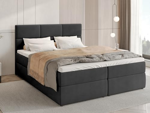 BROMARKT Boxspringbett mit Bettkasten Polsterbett mit Bonell-Matratze und Topper Doppelbett mit Stauraum Bett für Schlafzimmer gepolstertes Kopfteil Boston 140x200 Härtegrad H3 Samtstoff Dunkelgrau