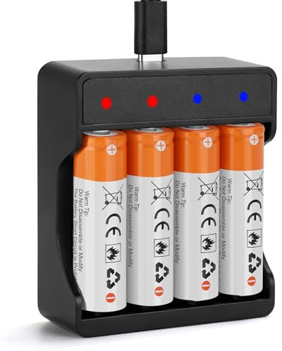 Fitinoch 4 Pack Rechargeable 1.5V Lithium Batteries AA for Blink Camera, Long-Lasting Double A Battery 2600mWh with 2H Fast Charger (4-Bay Independent Slot)