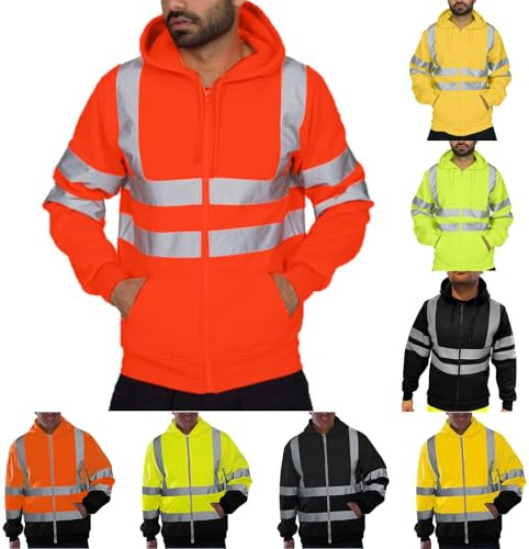 UHouse Jacke Herren Warnschutz Arbeitsjacke mit Kapuze Oversized Kapuzenjacke Leichte Fahrradjacke Warn Jacken Freizeit Softshelljacke Outdoor Zipper Hoodie Reflektierende Jacket Orange L