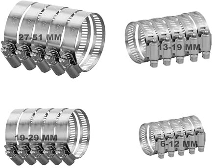 Juego de 20 clips Jubilee surtidos para manguera y tubería de 6 a 51 mm, abrazaderas de unión de tubo de accionamiento sin fin ajustables, acero inoxidable 304 para jardín, piscina, lavadora y más, 4