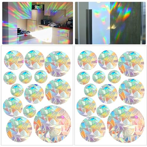 Nogeqi Lot de 26 autocollants de fenêtre ronds en PVC - Motif prisme - Attrape-soleil - Anti-collision - Protection contre les oiseaux - Décoration pour fenêtre de porte, salle à manger, chambre à