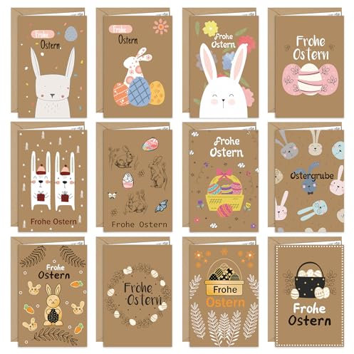 LETSHOLD 12er Osterkarten mit Umschlag Deutsch, Osterkarten Aufklappbar, Frohe Ostern Postkarten mit Osterhase und Ostereier, 12 Unterschiedliche Motive je 1 Stück (B)