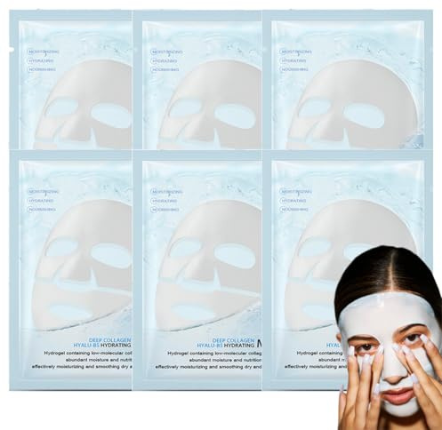 Collagen Maske, 6PCS Tuchmasken Gesicht mit Kollagen, Gesichtsmaske für Pflege Hydrating Overnight, Anti-Falten Maske für Minimiert die Poren, Reduziert Feine Linien für Alle Hauttypen