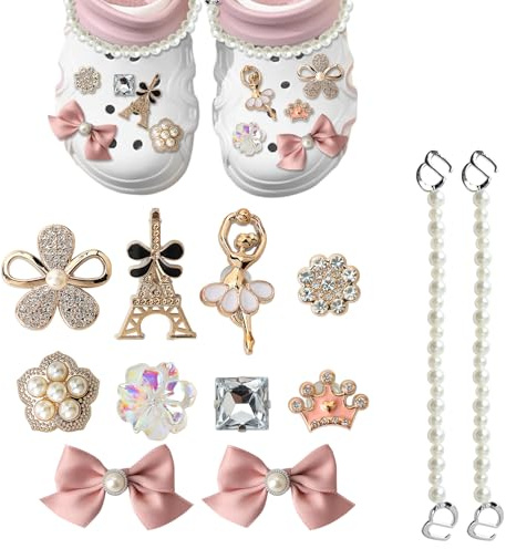 RTDHO 12PCS Pink Bow Shoes Charms for Girls and Women Cute Pink Shoes Charm