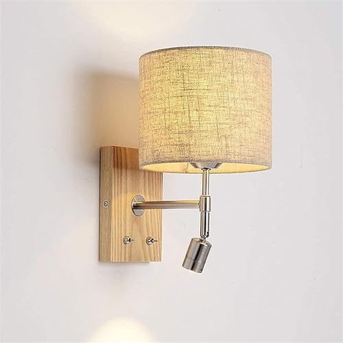 Lámpara de Pared Sencilla con Base de Madera y Pantalla de Tela, Aplique de Pared para Interiores con Foco pequeño de 3 W e Interruptor de Encendido y Apagado, lámpara de Pared, luminaria