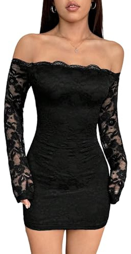 SweatyRocks Vestido de encaje para mujer, elegante, con hombros descubiertos, manga larga, vestido bodycon vestido de fiesta con encaje, vestido que realza la figura, Negro , XS