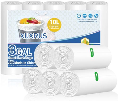 XUXRUS Bolsas de Basura 10L – Bolsas Basura Pequeñas 45x50cm (5 Rollos, 120 Unid), Blancas y Resistentes, Antifugas y Antidesgarros, Ideales para Cocina, Baño, Oficina y Uso Diario sin Olores