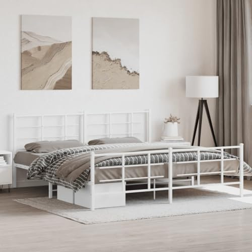 Teenpull Robust sängram med huvud- och fotdel, vit pulverlackerad stålsäng för 193 x 203 cm madrasser, inklusive ribbotten, med förvaringsutrymme, moderna sovrumsmöbler för vilsam sömn