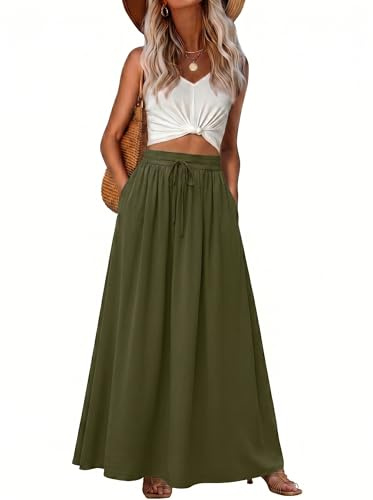 GRECERELLE Womens Summer Long Skirts Ladies Casual Maxi Drawstring Elastic A-Line High Waist Boho Skirt with Pockets for Women UK