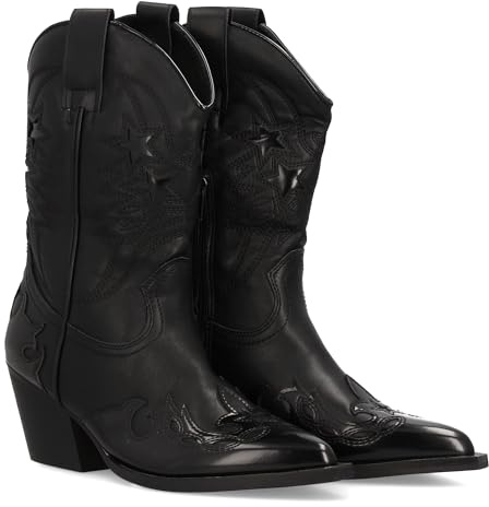 shoes&blues.es 98823 Bota Cowboy para Mujer con Diseno de Estrellas Brillantes. Punta Fina, Tacon Ancho Medio. Cierre de Cremallera. Ideal Otono Invierno. Negro Talla 35