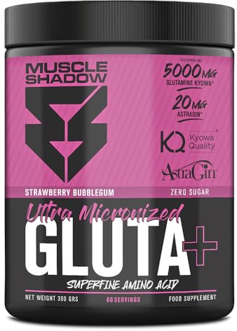 Muscle Shadow GLUTA+ L-Glutamina Kyowa® 360 g Strawberry Bubblegum | Glutamina en Polvo con AstraGin® | Alta Concentración · Recuperación Muscular | Sin Azúcar