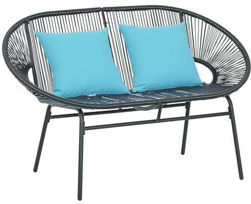 Outsunny Divano da Giardino 2 Posti in Rattan PE, Divanetto da Esterno con Cuscini, Braccioli e Telaio in Acciaio, Panchina da Esterno, per Terrazza e Cortile, 132x72x83 cm, Nero