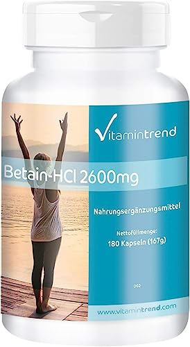 Betaina HCl in polvere incapsulata 2600mg - 180 capsule - Per 45 giorni - Vegan - Altamente dosato | Vitamintrend®