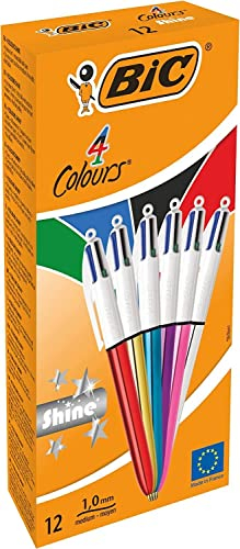 BIC 4 Farben Kugelschreiber Set 4 Colours Shine, in verschiedenen Farben, 12er Pack, Ideal für das Büro, das Home Office oder die Schule