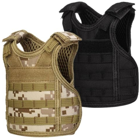 AOUTACC Mini Tactical Beer Vests, Molle Beer Cooler Jacket Adjustable Drink Bottle Vests Holder Beverage Cooler Holder for 12oz or 16oz Cans or Bottles (2 Pack, Black + Desert Camo)