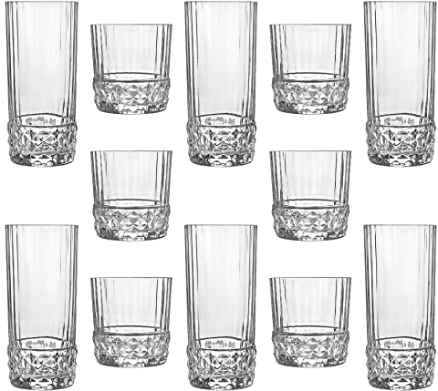Bormioli Rocco 12pc America '20s Verrerie Set - Vintage Art Deco Highball Whisky Lunettes de Cocktail Tumblers - 370ml, 490ml