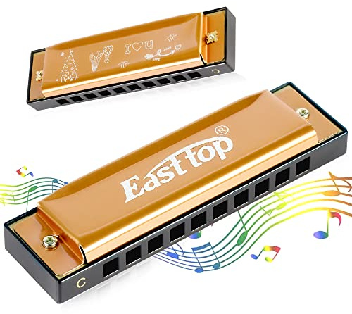 East top Blues Harmonica, Diatonic Armonica Key of C 10 Holes 20 Tones Mouth Organ harp harmonica For Adults, Kids, Beginners, Professionals and Students (T10-4-Gold), as a gift