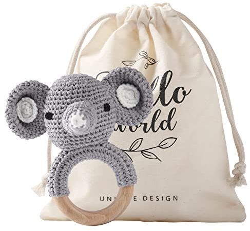 Youuys Baby Rassel Spielzeug aus Holz, mit Sound, gehäkelte Beißringe, Babyzahlungsspielzeug, weiche Tiere Spielzeug, Geschenk für Neugeborene Kinder (Elefanten)