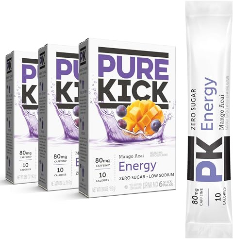 PURE KICK Energy Singles To Go - Mezcla de bebidas de mango, incluye 3 cajas con 6 paquetes en cada caja, 18 paquetes en total